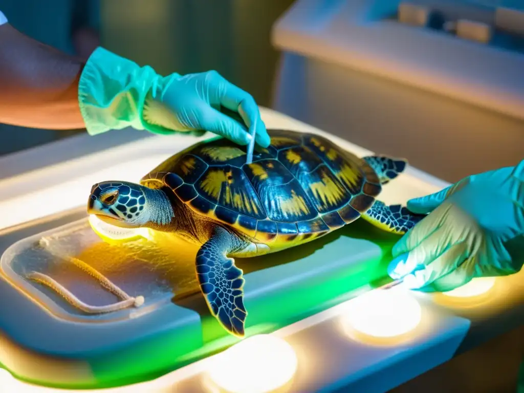 Un veterinario especialista administra cuidadosamente antibióticos a una tortuga marina con neumonía bacteriana