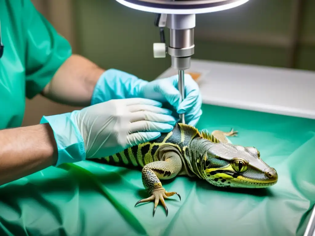 Un veterinario especializado realiza con cuidado la cirugía para tratar el prolapso cloacal en un reptil