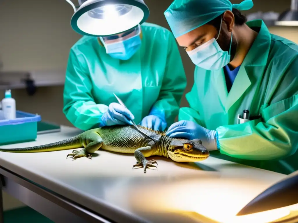 Delicada cirugía veterinaria en reptil en peligro Un veterinario especializado realiza una delicada cirugía en conservación de reptiles en una especie rara y en peligro