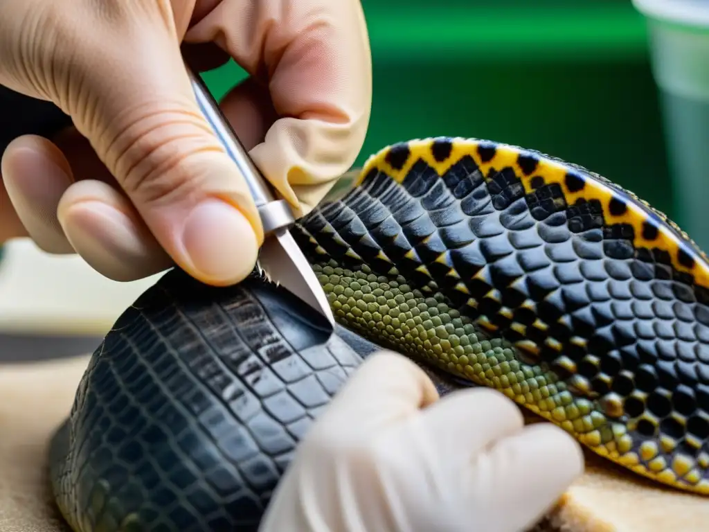 Un veterinario especializado realiza el mantenimiento adecuado de las garras de un reptil, mostrando cuidado y precisión en cada detalle