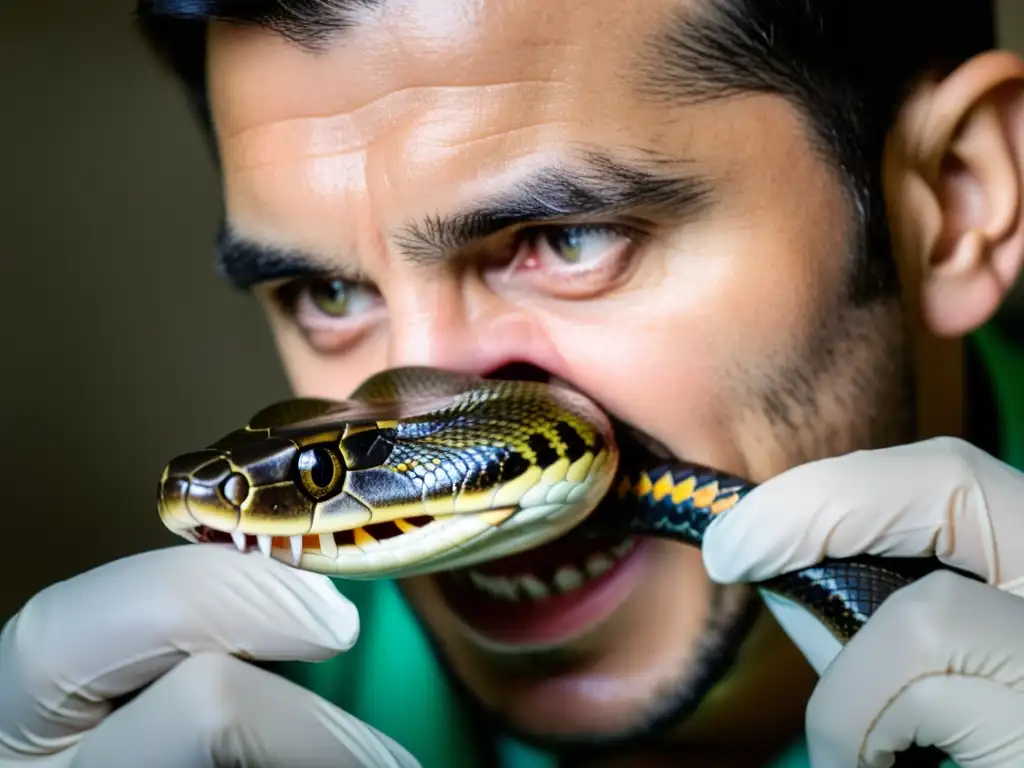 Veterinario tratando estomatitis infecciosa en serpiente con cuidado y precisión, mostrando atención especializada