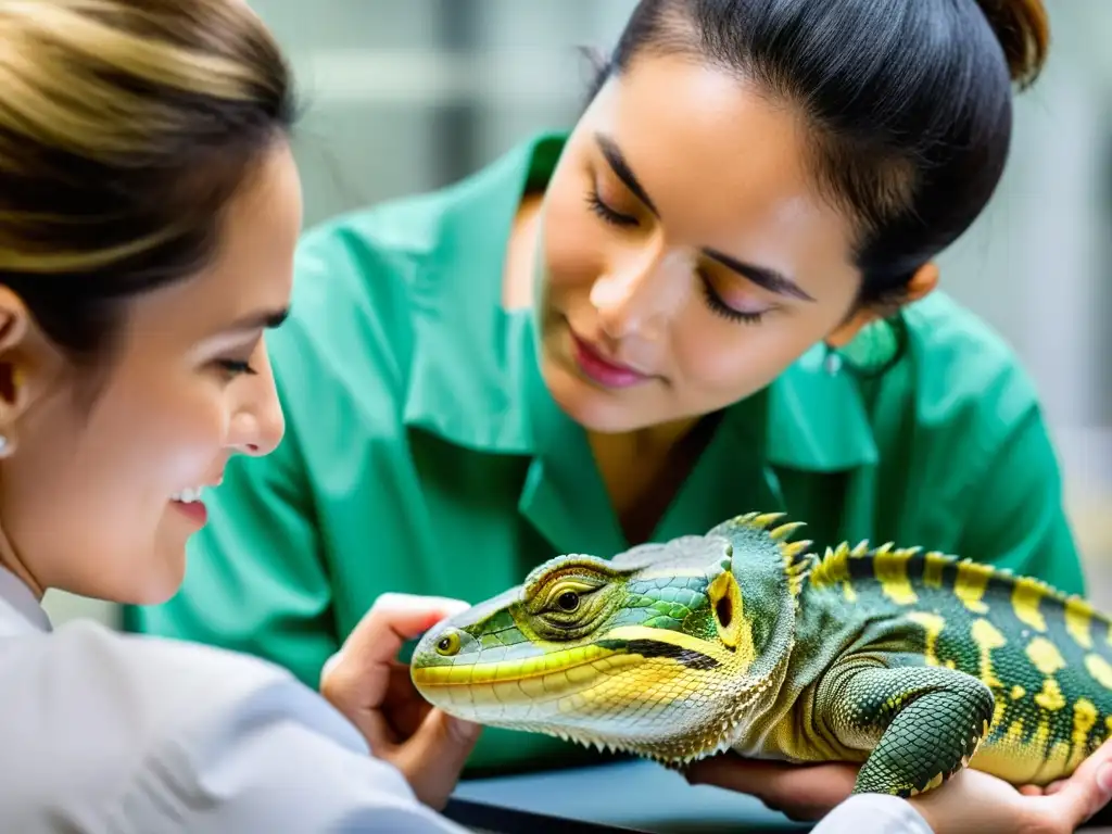 Veterinario experto cuidadoso examina reptil en consulta, brindando consejos prevención obesidad reptiles con compasión y profesionalismo