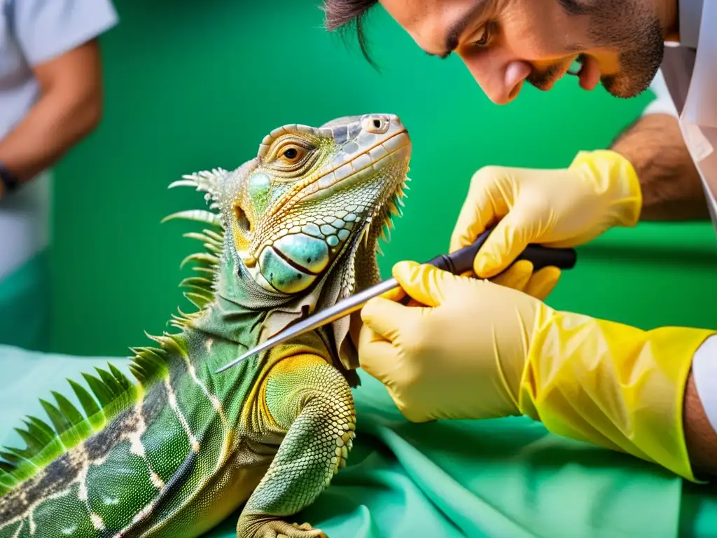 Un veterinario habilidoso realiza una cirugía de columna vertebral en un majestuoso iguana