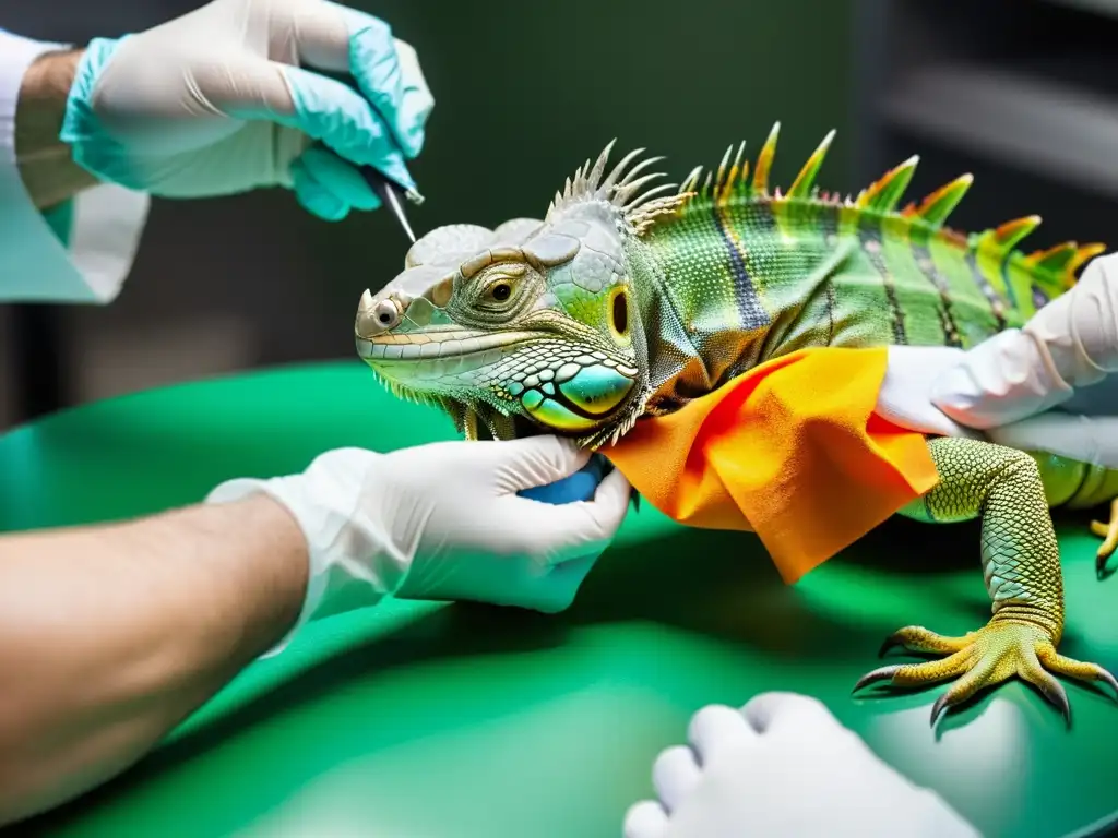 Veterinario cuidadosamente trata la herida en la pata de una iguana, mostrando cuidado y precisión en el proceso de curación