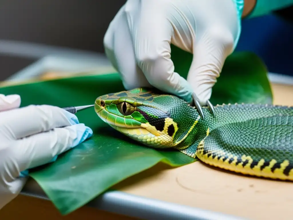 Veterinario suturando herida profunda en abdomen de reptil