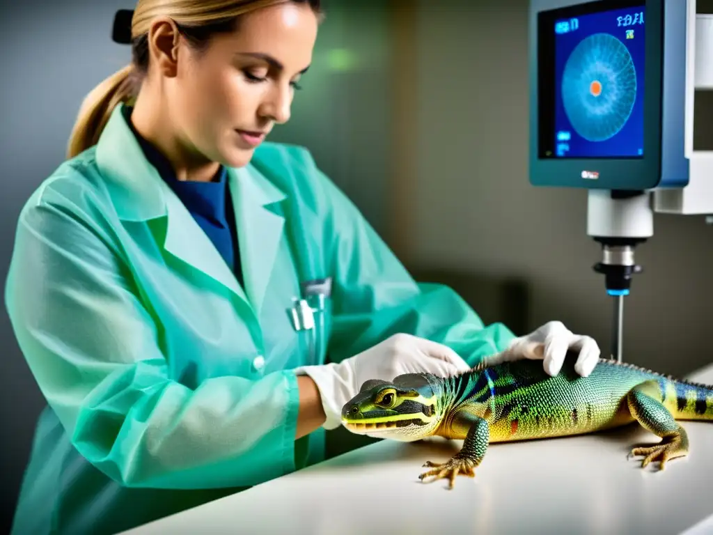 Veterinario tratando herida en reptil con tecnología láser, en clínica veterinaria estéril