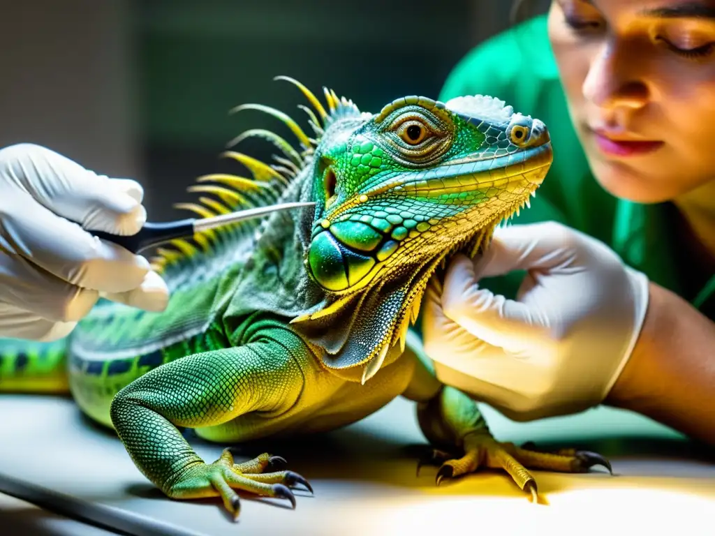 Un veterinario examina detalladamente a una iguana durante la cuarentena en reptiles