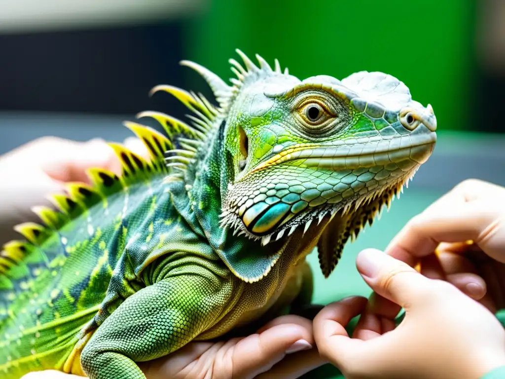 Veterinario examinando cuidadosamente a una iguana verde para tratamiento de trastornos cerebrales en reptiles