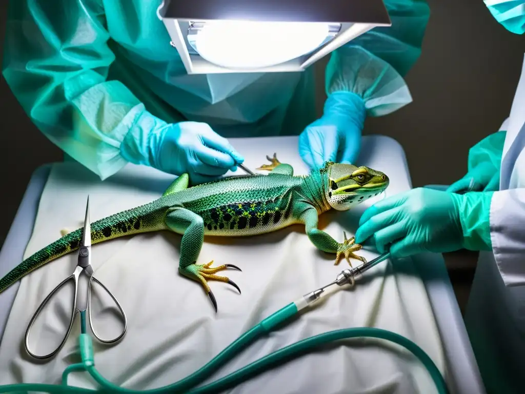 Un veterinario realiza una laparotomía en un reptil, mostrando la precisión y delicadeza del tratamiento de afecciones internas en reptiles