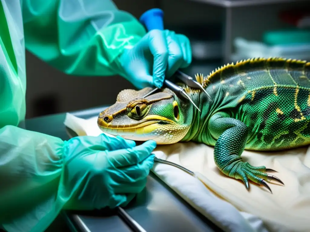 Un veterinario realiza una laparotomía en un reptil, mostrando la precisión y el tratamiento de afecciones internas en reptiles