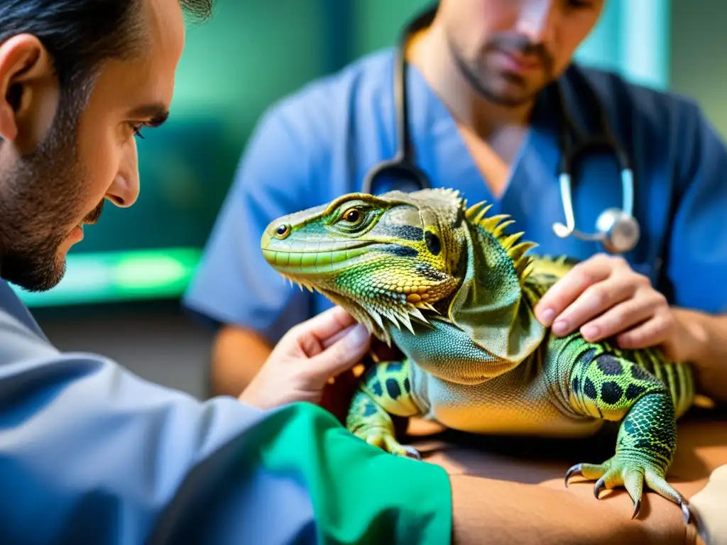 Un veterinario escucha atentamente el latido del corazón de un reptil, destacando las complejas escamas del animal