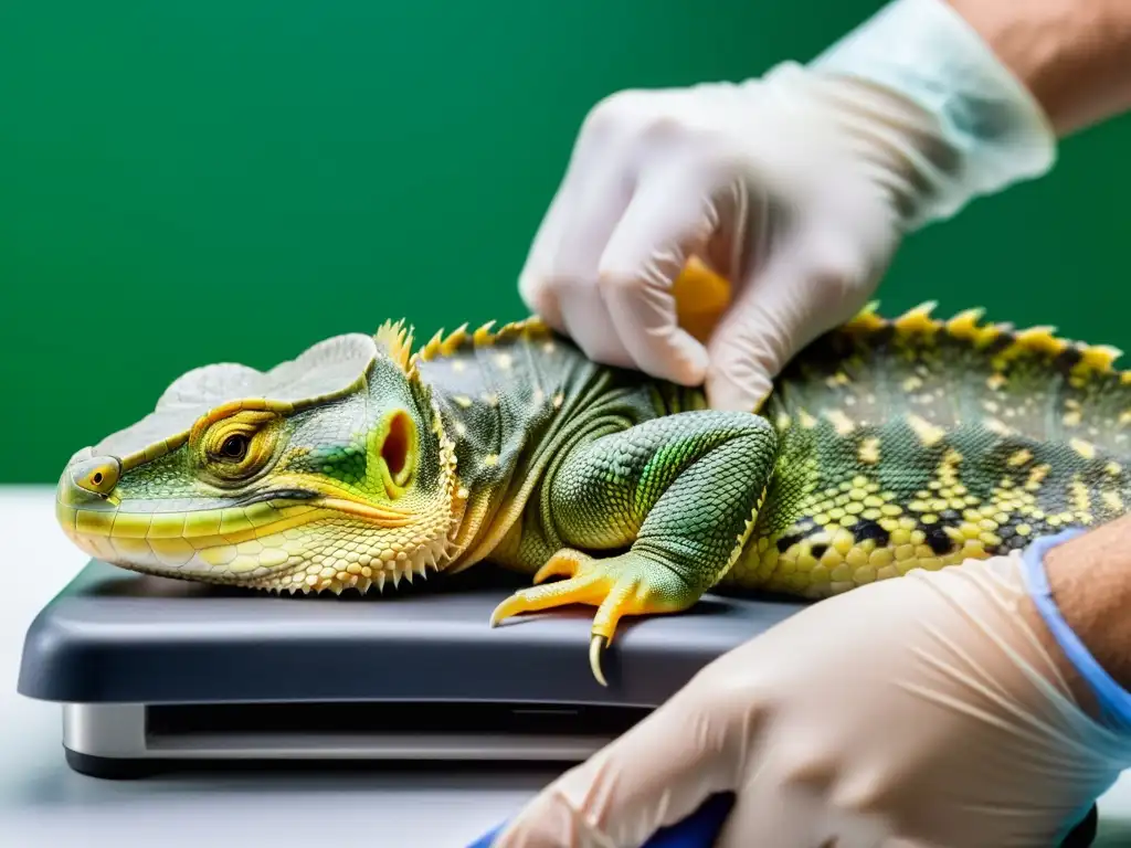 Un veterinario cuidadosamente limpia y viste la herida de un reptil, destacando la importancia de los primeros auxilios para heridas en reptiles