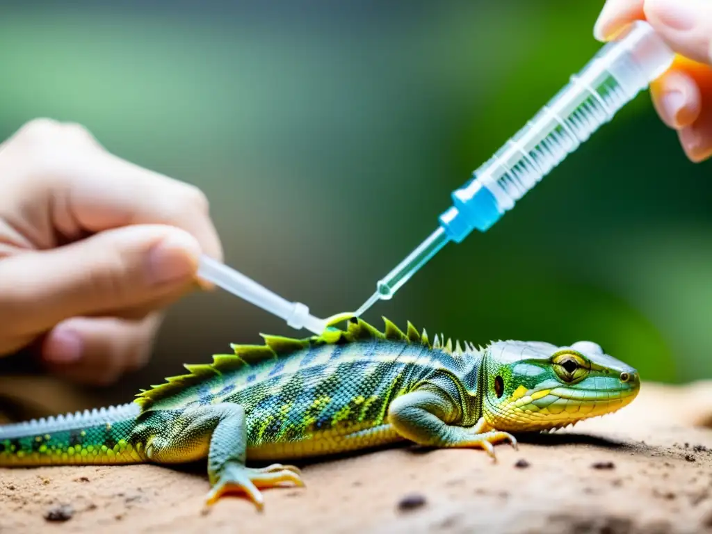 Un veterinario administra cuidadosamente líquidos a un reptil enfermo