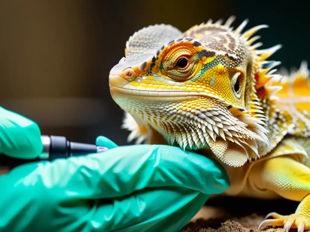 Veterinario examinando con lupa la piel de un dragón barbudo en clínica especializada, destacando cuidado reptiles enfermedades crónicas