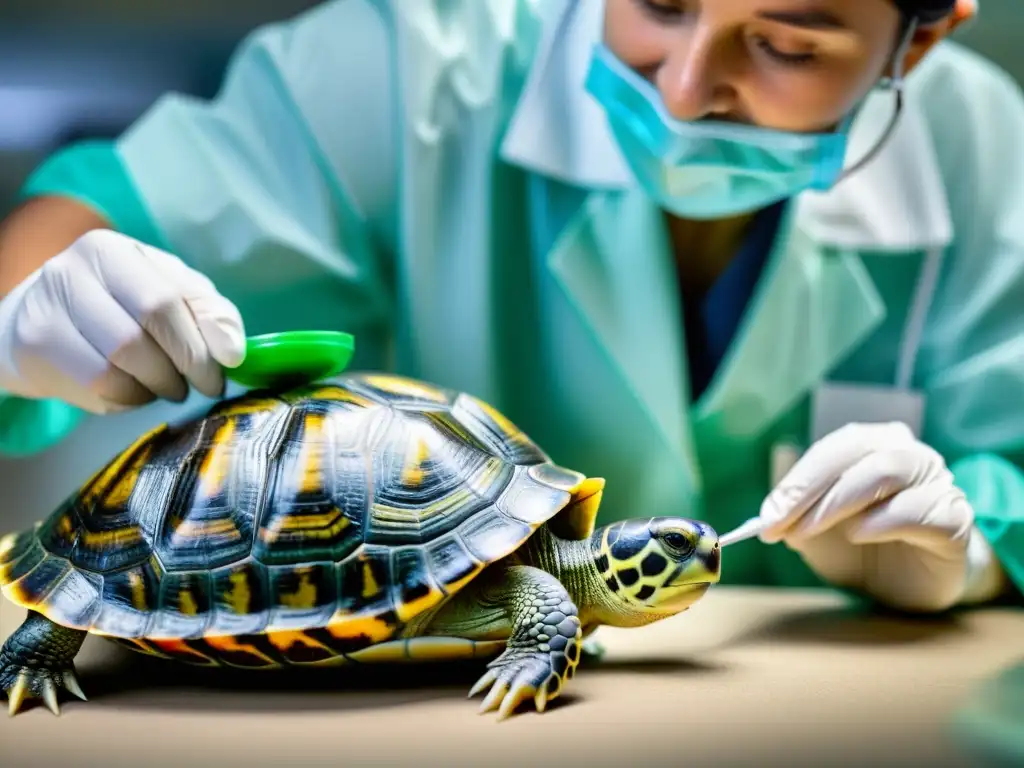 Un veterinario cuidadosamente administra medicamento a una tortuga con insuficiencia renal