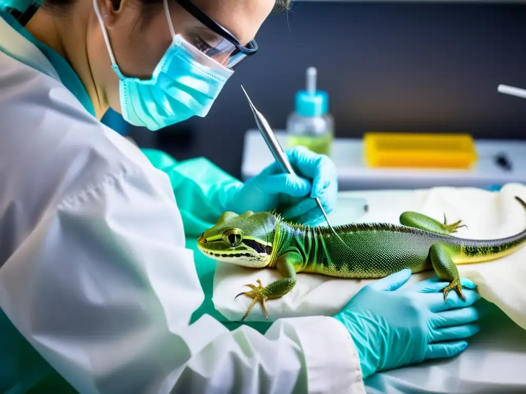 Un veterinario realiza una microcirugía delicada en un reptil pequeño, con enfoque y precisión