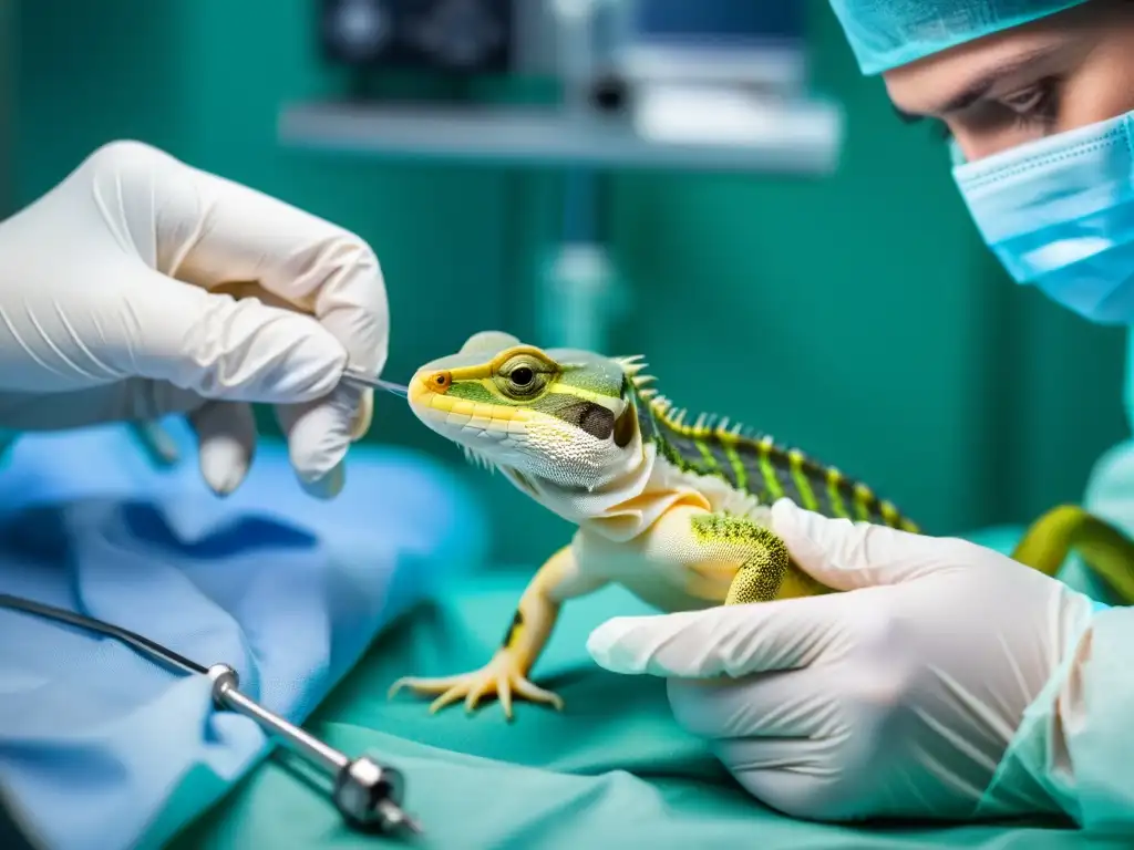 Un veterinario realiza con precisión microcirugía en reptiles pequeños, destacando la delicadeza y dedicación requerida