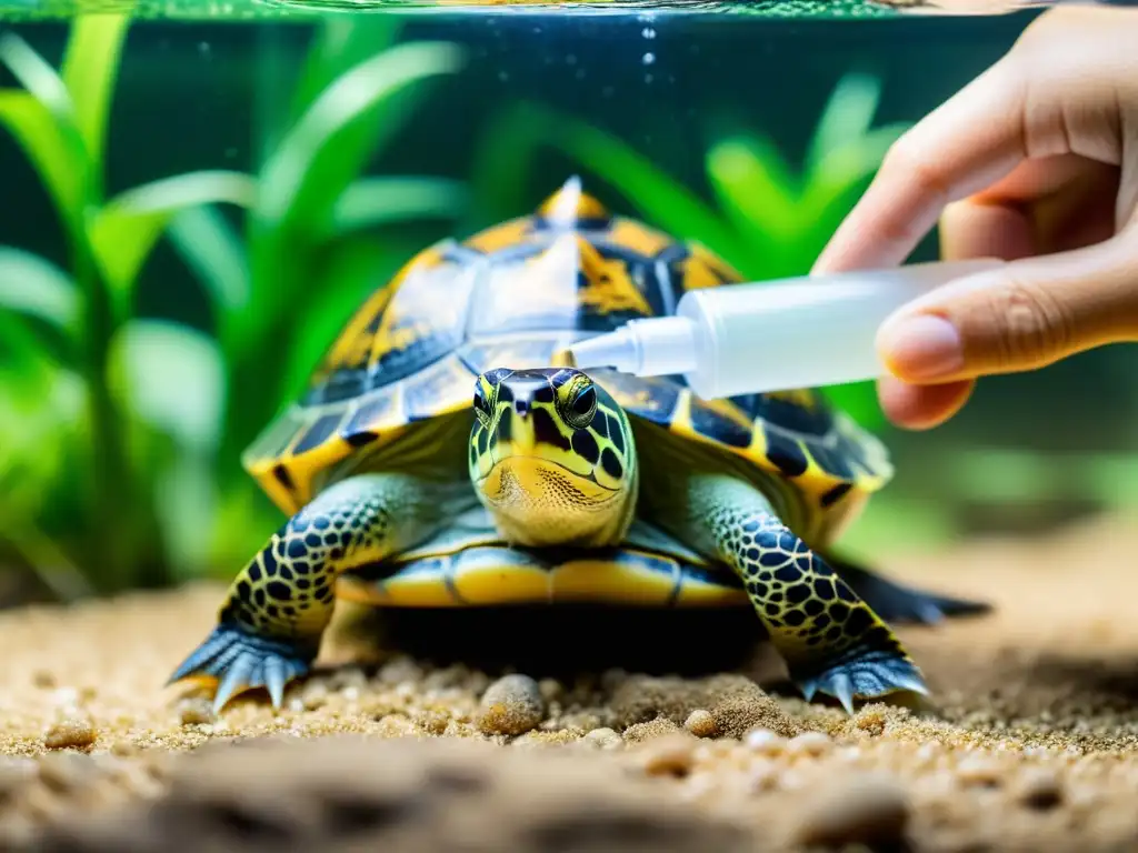 Veterinario tratando neumonía bacteriana en tortuga acuática con nebulizador, mostrando cuidado y precisión en tratamiento médico