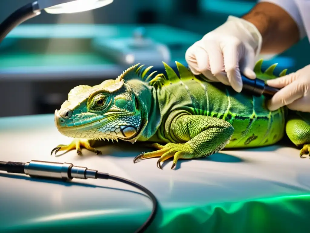 Veterinario examina órganos internos de iguana con endoscopio