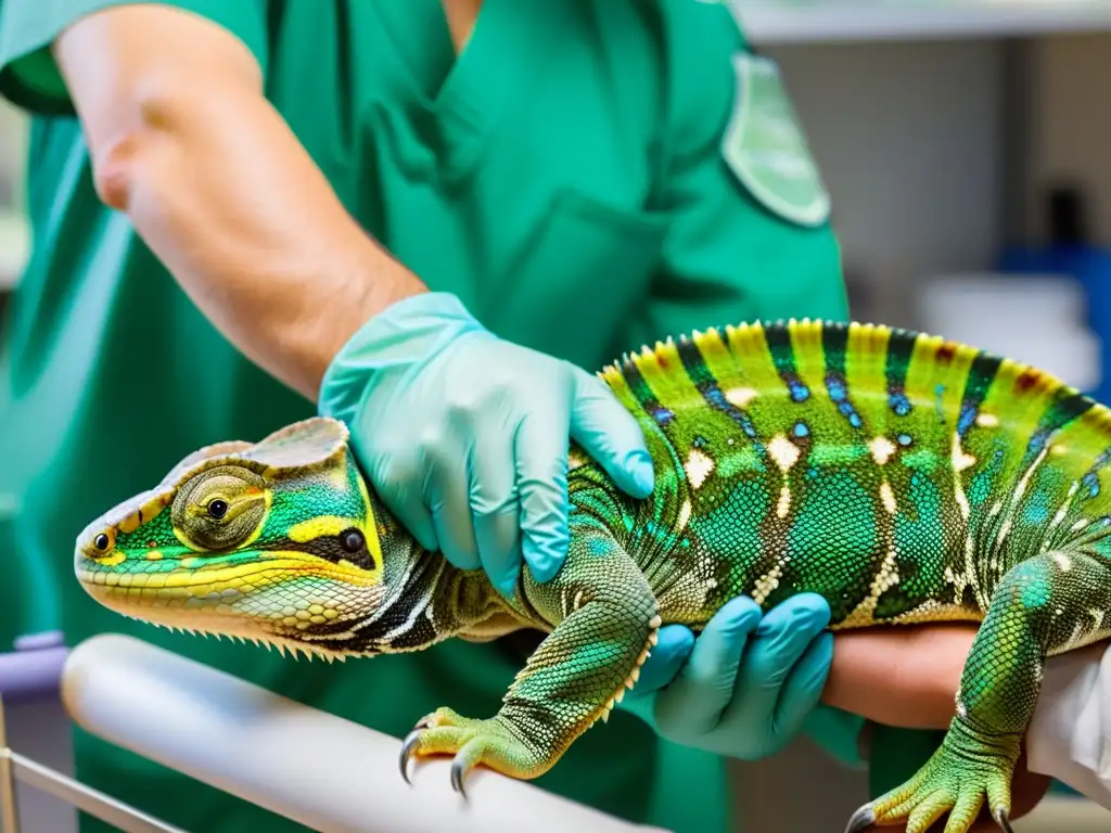 Un veterinario cuidadosamente inmoviliza la pata fracturada de un camaleón, demostrando su expertise en primeros auxilios para fracturas en reptiles