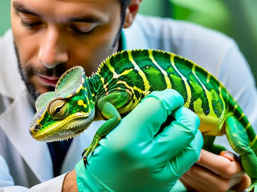 Un veterinario examina detalladamente la pata de un reptil, prevención cojera reptiles cuidados, destacando la intensidad científica de la atención