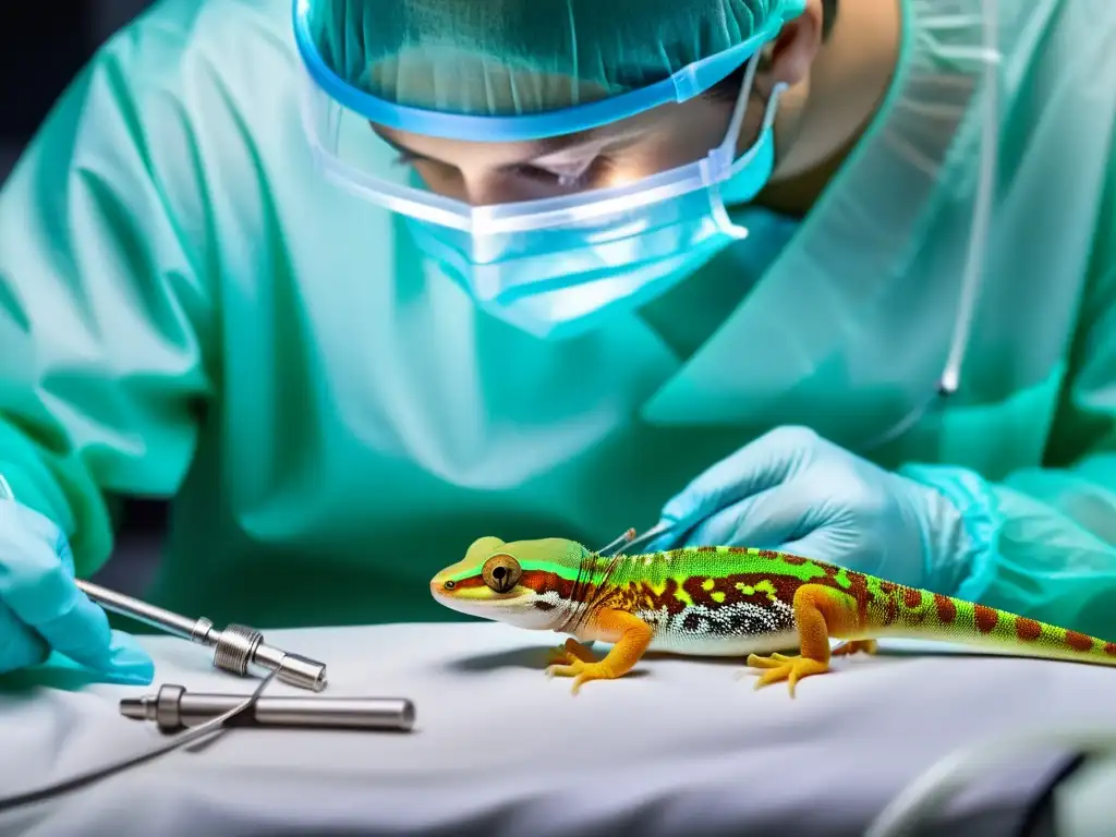 Un veterinario realiza microcirugía en un pequeño reptil, destacando la precisión y experiencia necesarias