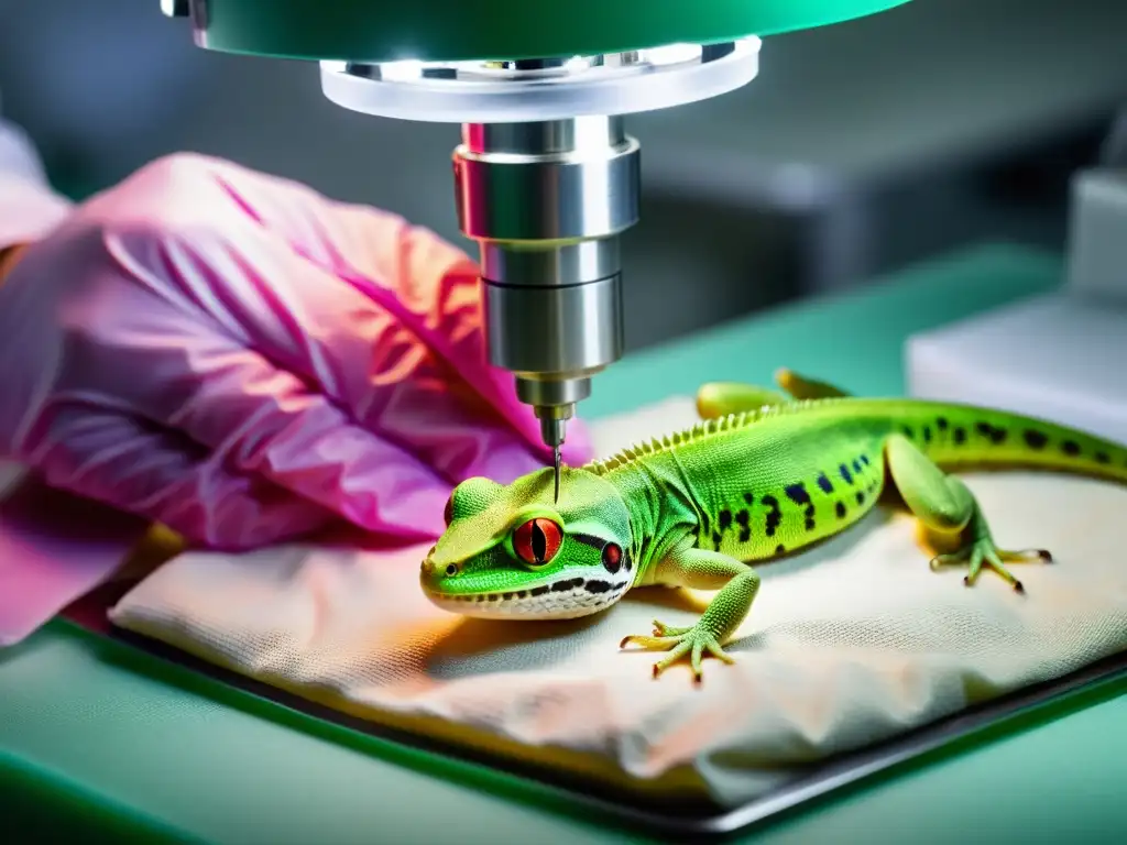 Un veterinario realiza microcirugía en un pequeño reptil verde, con precisión bajo microscopio