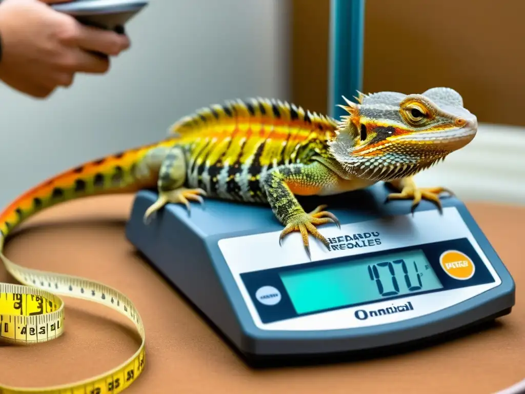 Un veterinario mide el peso y la circunferencia de un dragón barbudo en una clínica, mostrando el control de obesidad en reptiles domésticos