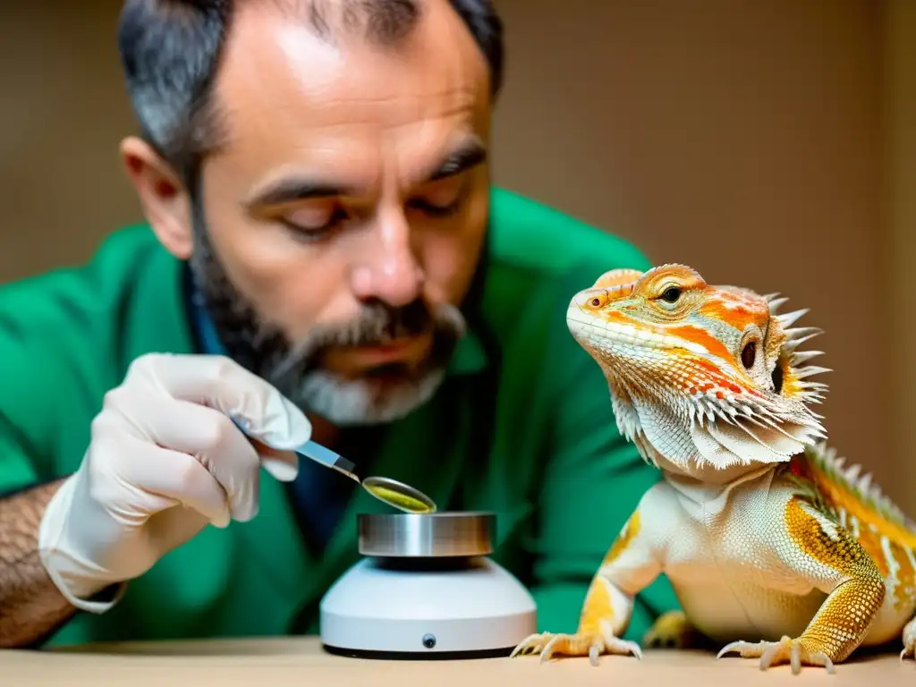 Veterinario examina detalladamente la piel de un dragón barbudo en busca de signos de enfermedad crónica