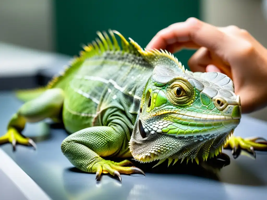 Un veterinario examina detenidamente la piel y escamas de una iguana verde bajo una luz brillante, mostrando avances en medicina de reptiles