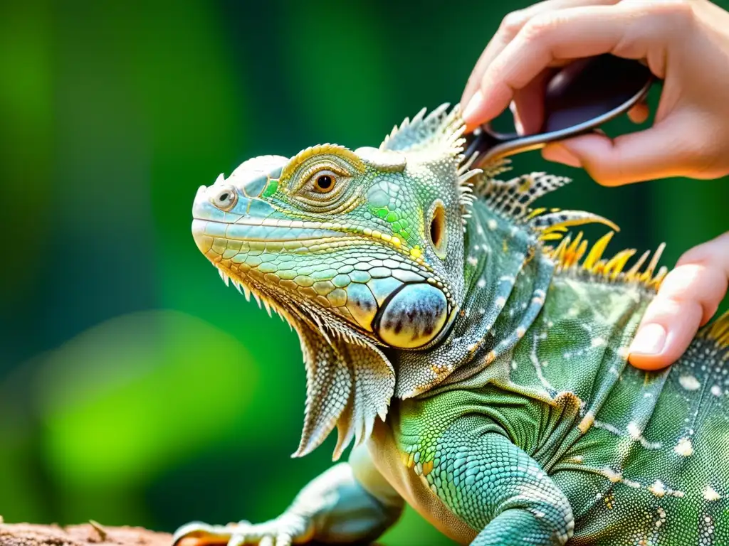 Un veterinario examina detalladamente la piel de una iguana verde vibrante, resaltando la precisión en medicina de reptiles