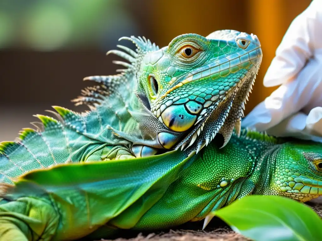 Un veterinario examina detenidamente la piel de una majestuosa iguana verde con una lupa, demostrando avances en cuidado de reptiles