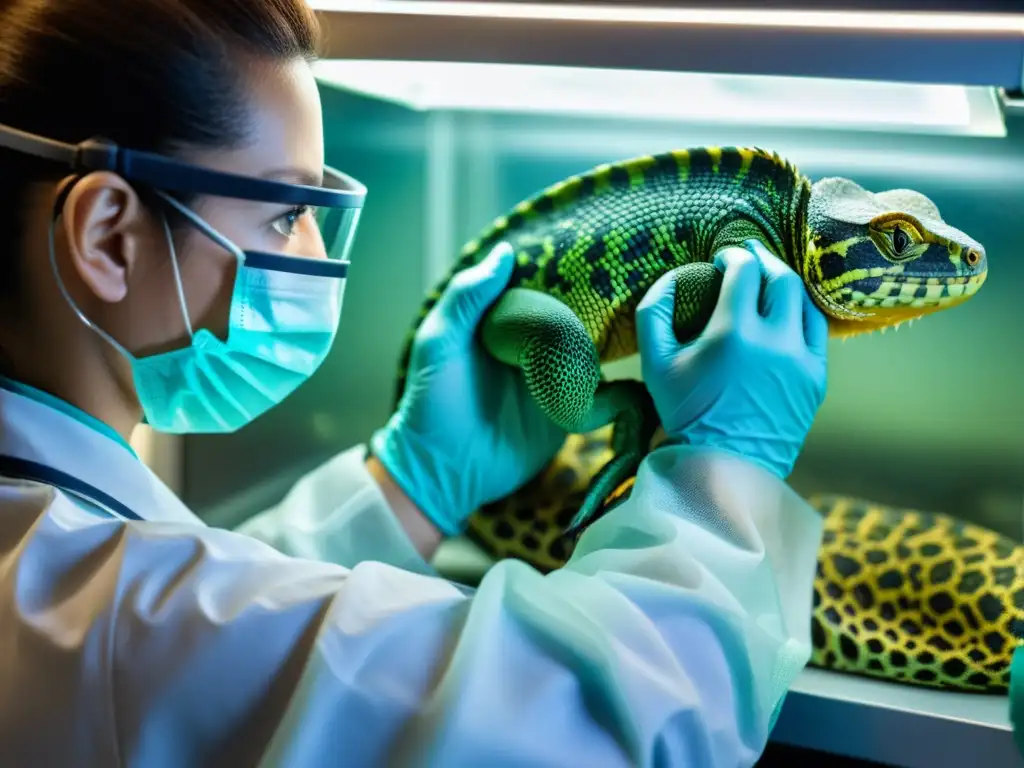 Veterinario examina piel de reptil con cámara endoscópica, destacando telemedicina para cuidado de reptiles