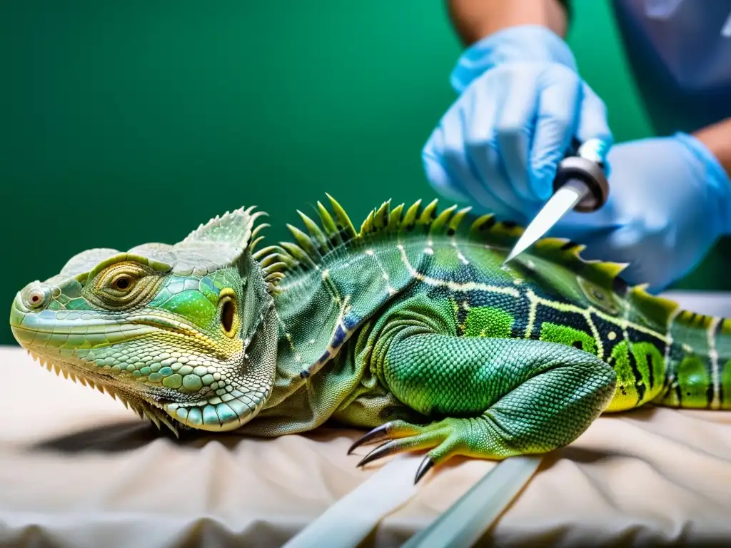 Un veterinario realiza con precisión una cirugía plástica en un reptil, una iguana verde, en una escena detallada y profesional