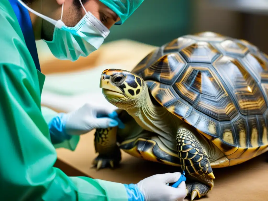 Un veterinario realiza con precisión una cirugía de reparación de caparazón en una tortuga, demostrando cuidado y destreza