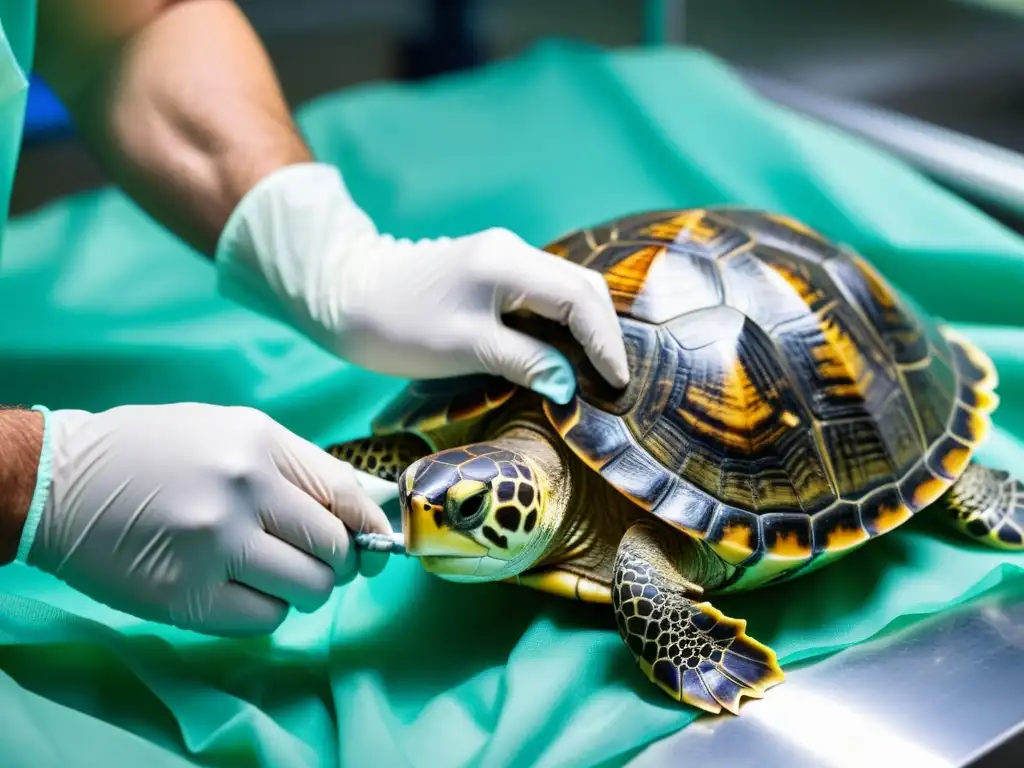 Veterinario realizando con precisión la cirugía de reparación del caparazón de una tortuga, destacando la importancia de este esfuerzo de conservación