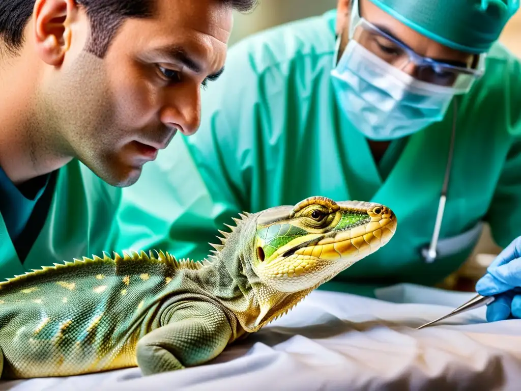 Veterinario realizando con precisión una intervención quirúrgica en reptiles heridos, con enfoque y cuidado meticuloso