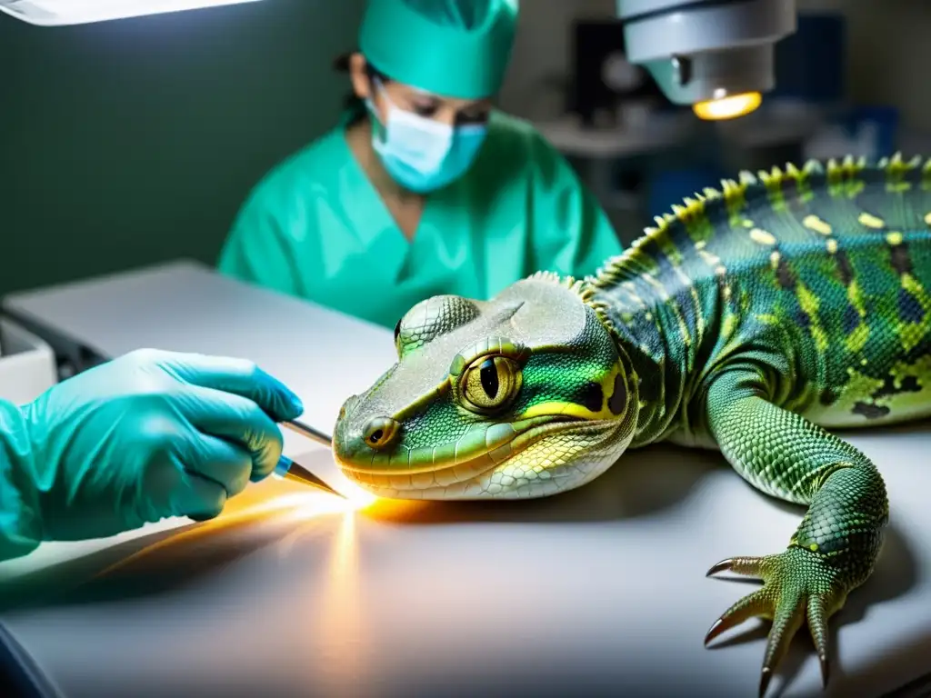 Veterinario realiza con precisión intervenciones quirúrgicas en reptiles para tratar problemas de reproducción, mostrando dedicación y experiencia