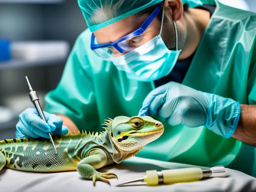 Veterinario realizando con precisión un tratamiento quirúrgico para infecciones cutáneas en reptiles, mostrando profesionalismo y cuidado