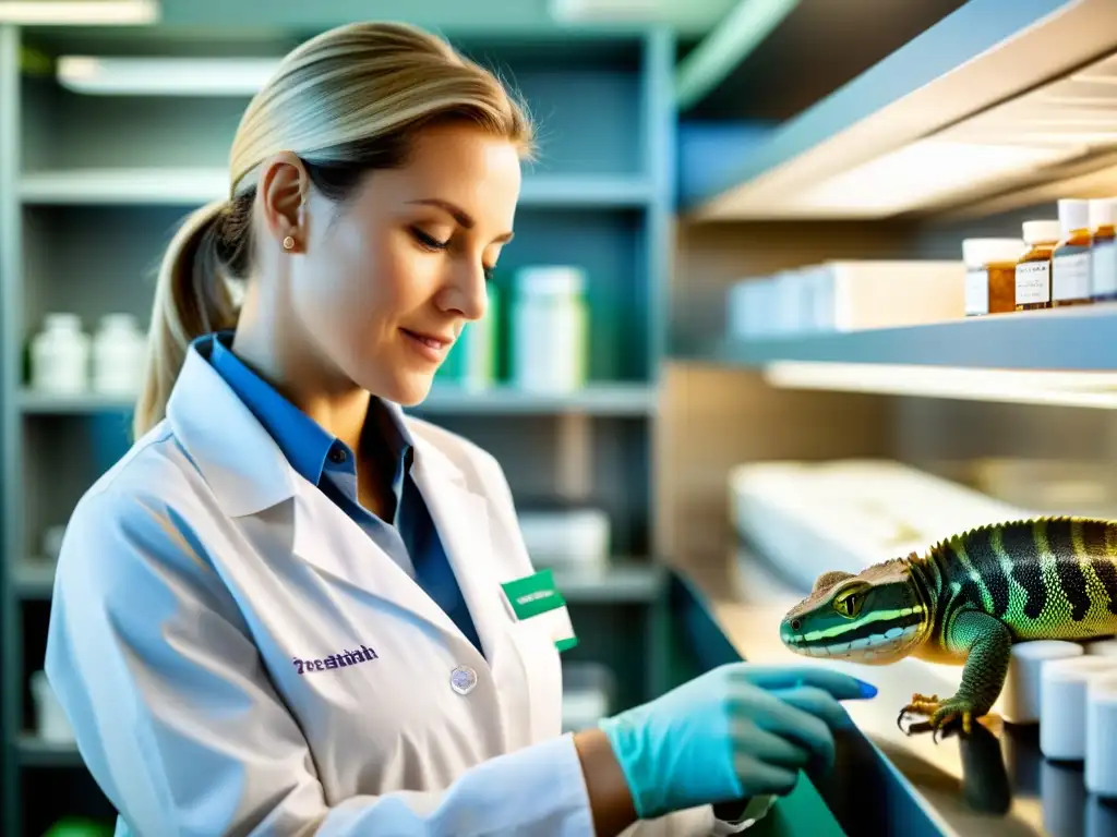 Un veterinario aplica probióticos a un reptil en una clínica bien equipada, resaltando los beneficios probióticos para la salud de los reptiles