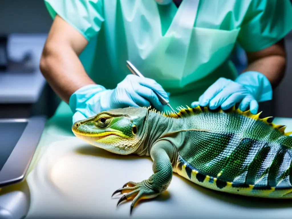 Un veterinario realiza un procedimiento quirúrgico para prolapsos en reptiles con precisión y cuidado, resaltando su profesionalismo y experiencia