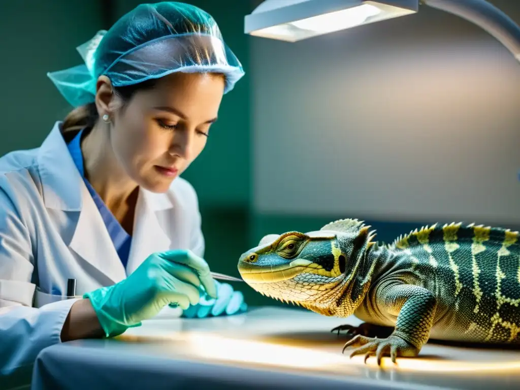 Veterinario realiza procedimiento quirúrgico para prolapsos en reptiles bajo intensas luces quirúrgicas, mostrando delicadeza y precisión