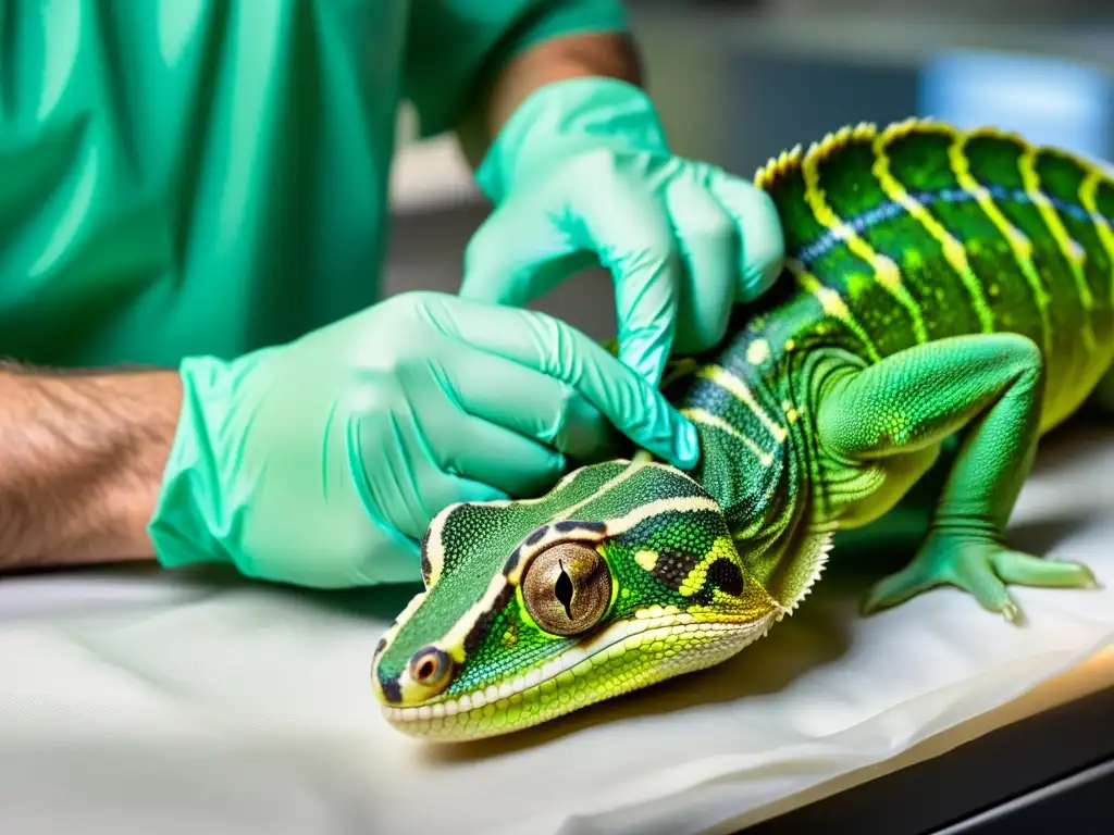 Un veterinario implanta una prótesis en un camaleón verde mientras el ambiente clínico destaca la meticulosidad del procedimiento