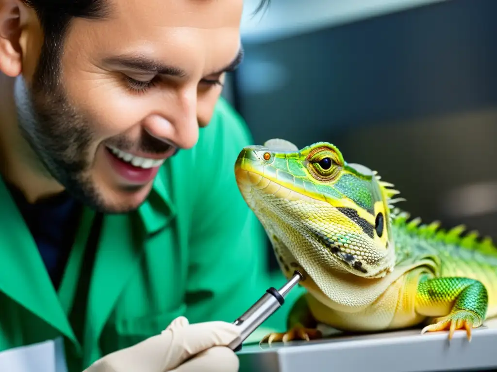 Veterinario realizando endoscopia en reptil, mostrando su delicada anatomía oral en pantalla de alta resolución