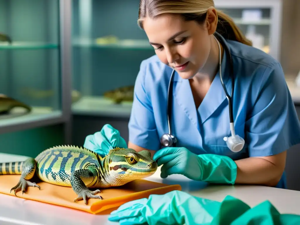 Veterinario cuidando a reptil con enfermedad crónica, mostrando atención profesional y científica en el cuidado de reptiles