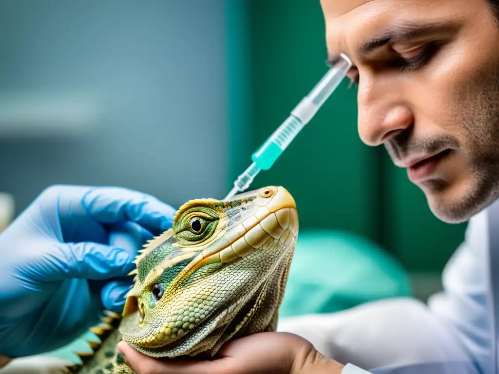 Veterinario alimentando cuidadosamente a un reptil enfermo con una jeringa, reflejando la gravedad de la situación