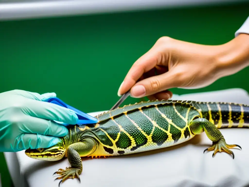 Veterinario examinando detenidamente a reptil malnutrido en clínica, resaltando la importancia del tratamiento malnutrición reptiles domésticos