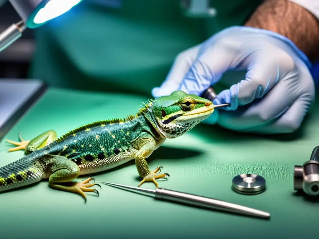 Un veterinario realiza microcirugía en un reptil pequeño con precisión y enfoque experto