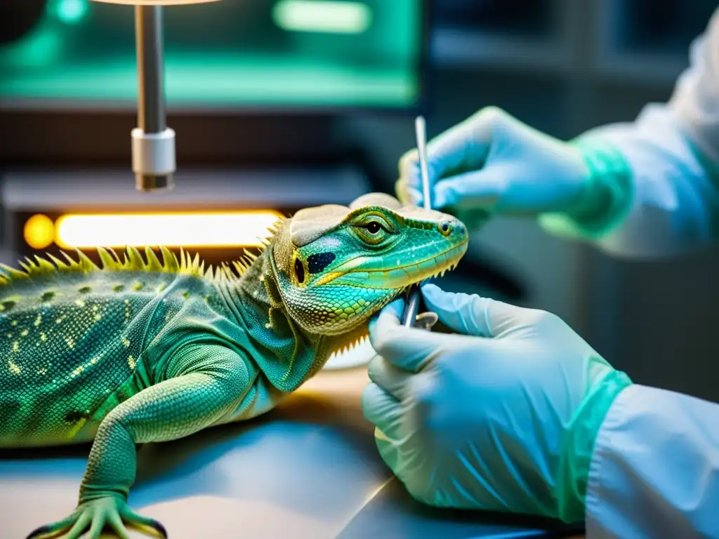 Veterinario realiza amputación en reptil con precisión quirúrgica, monitores de signos vitales y sala iluminada