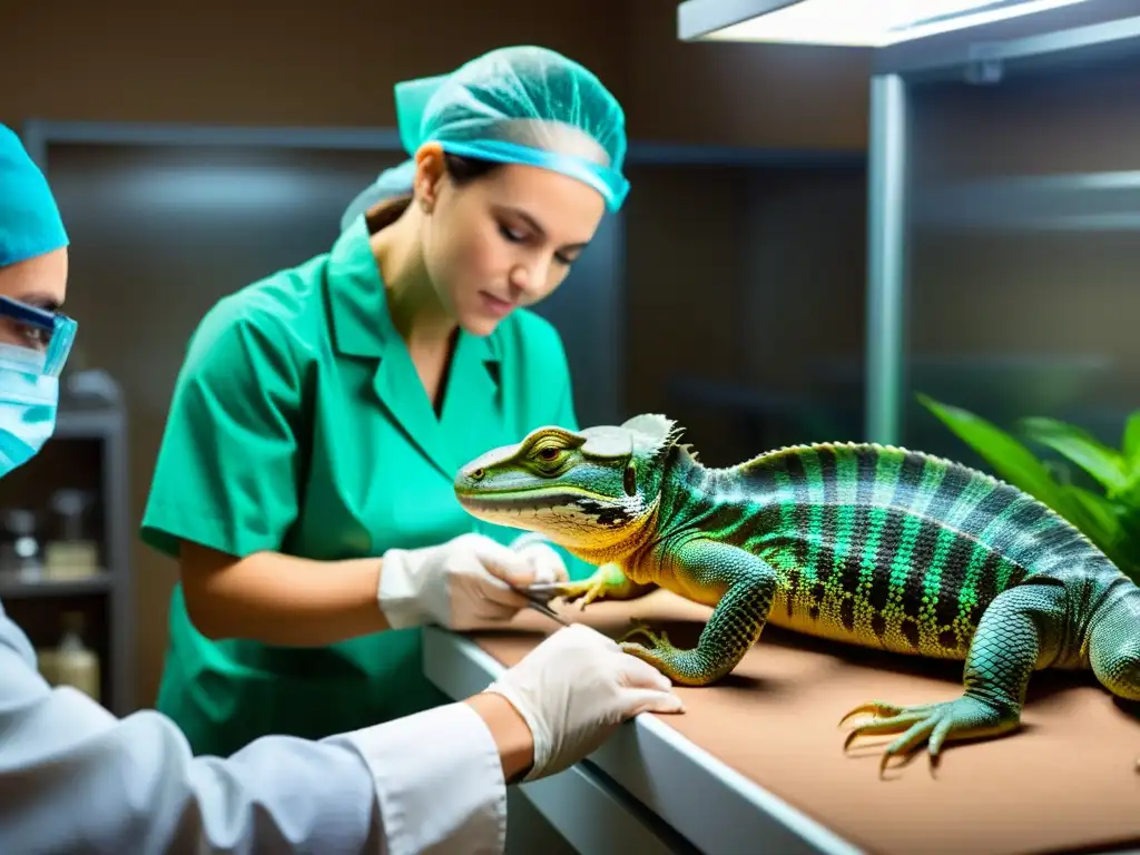 Un veterinario examina detalladamente a un reptil, rodeado de equipo especializado